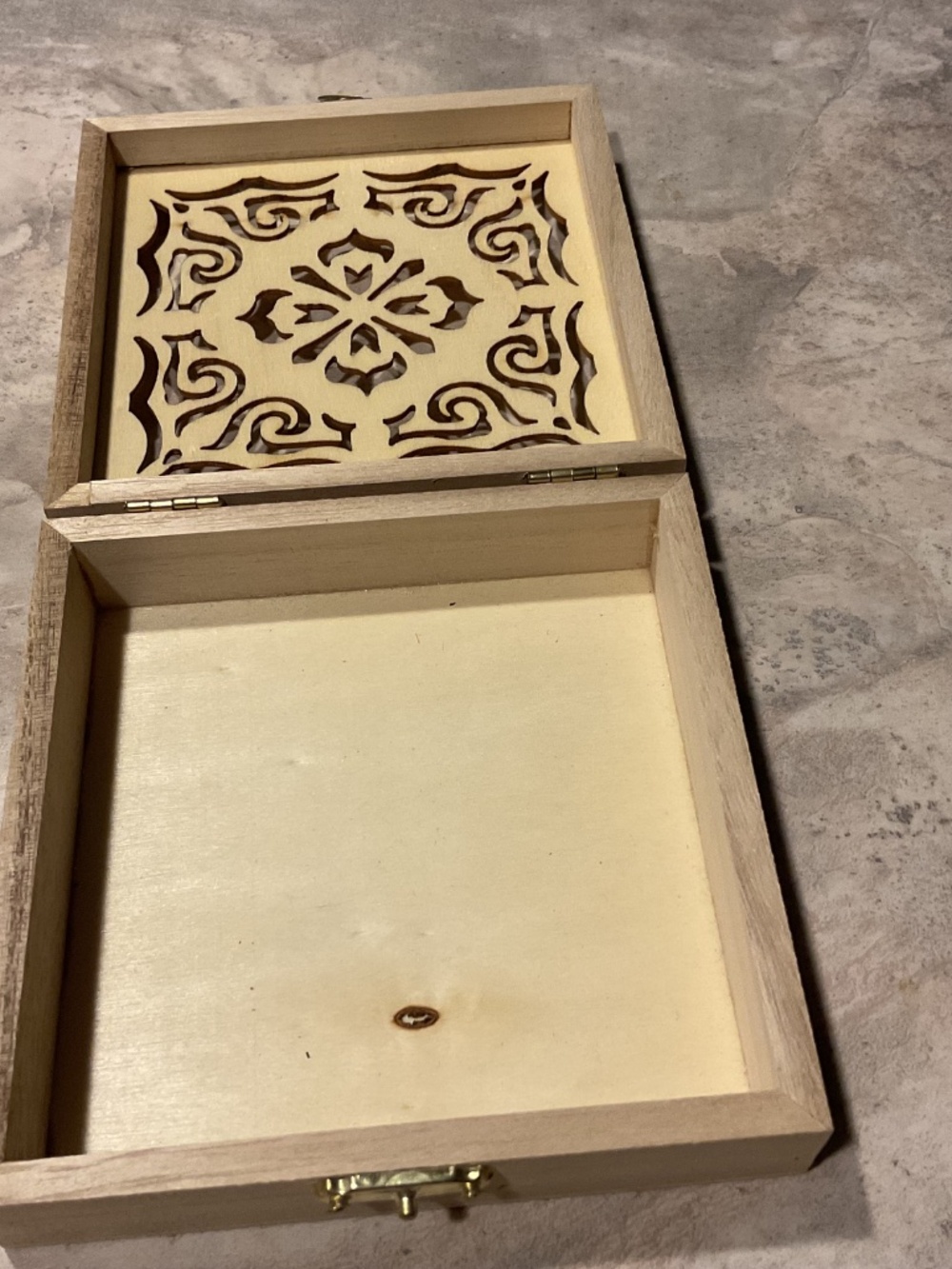 Wooden Box Laser Cut Design Hinged Lid New 5” square - Picture 2 of 10